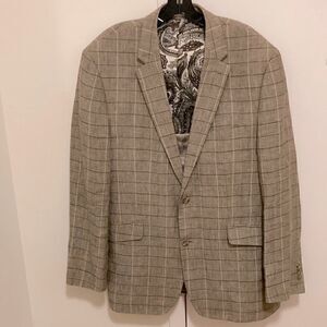 Joseph Abboud Mens Lined Linen Blazer.  Brown /Tan Windowpane Print. Size 44 L.